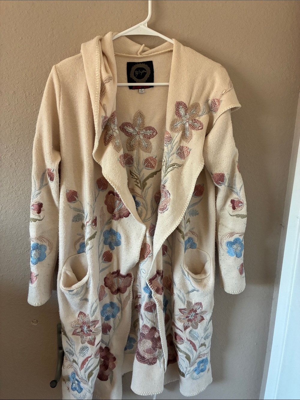 Johnny Was Cream Hooded Floral Embroidered Cardigan